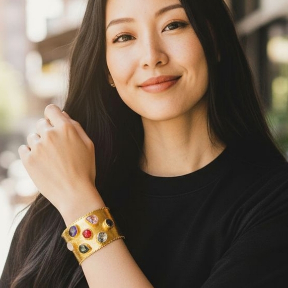 Designer Jewelry - 18k Triple Gold Plated Luxury Jeweled Cuff Bracelet